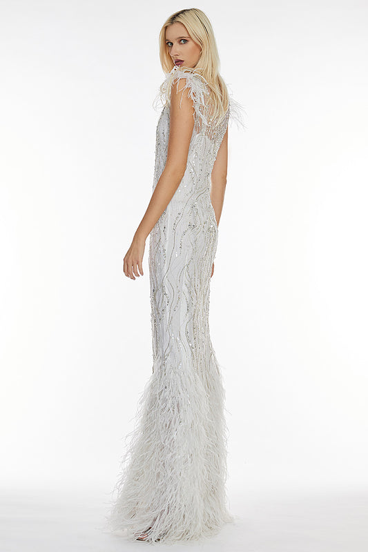 Rochie de mireasa brodata manual cu pene de strut, Vanesa