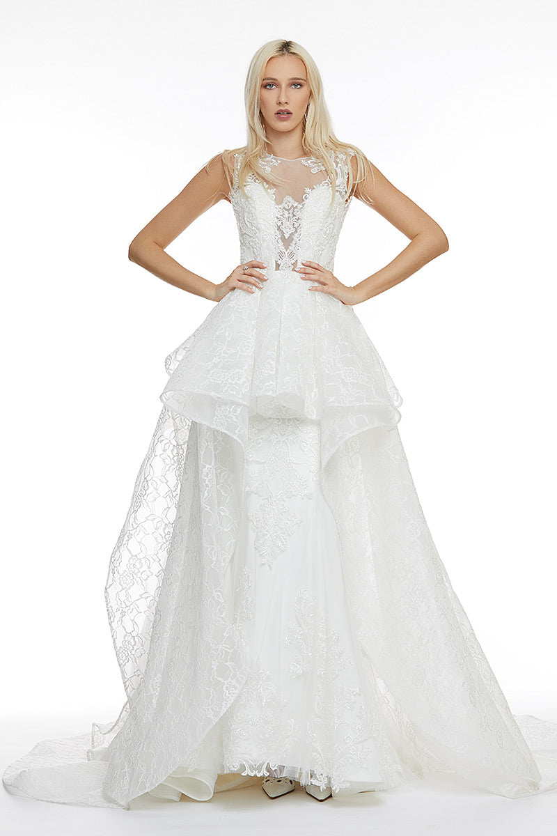 Rochie lunga de mireasa din dantela si voal cu trena spectaculoasa Elite