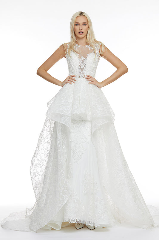 Rochie lunga de mireasa din dantela si voal cu trena spectaculoasa Elite