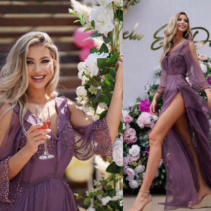 Rochie de matase naturala lunga  cu maneci lungi, cu despicaturi pe picioare Mayra