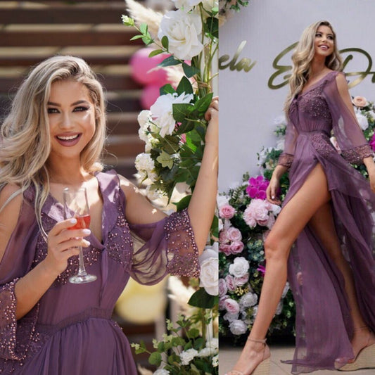 Rochie de matase naturala lunga  cu maneci lungi, cu despicaturi pe picioare Mayra