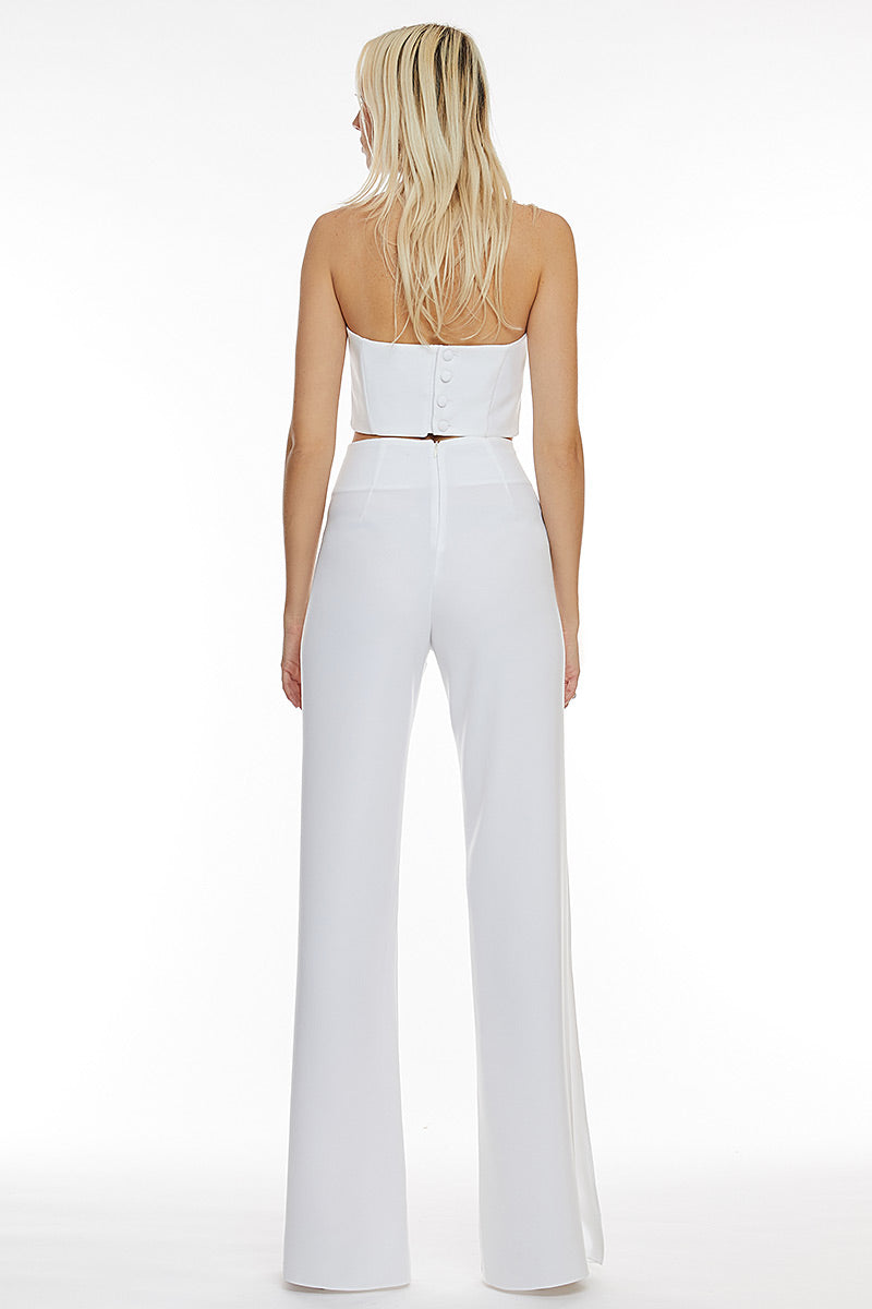 Pantalon alb cu talie inalta lung de ocazie cu broderie manuala si crapatura, Serena