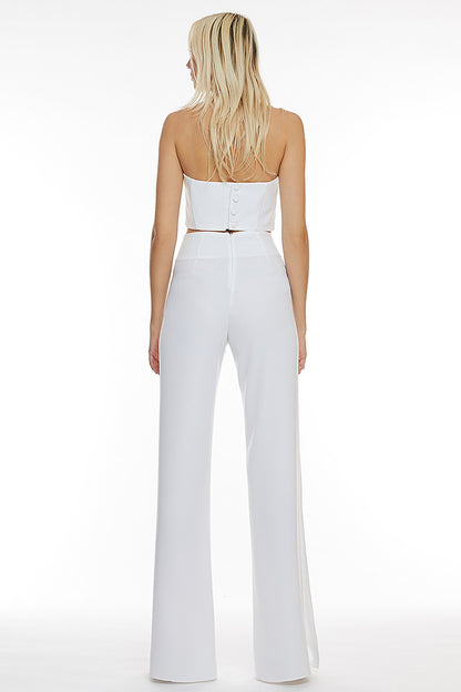 Pantalon alb cu talie inalta lung de ocazie cu broderie manuala si crapatura, Serena