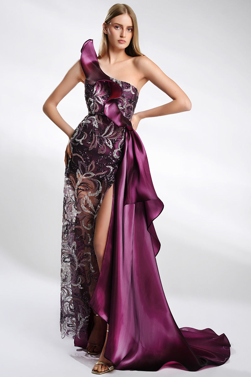 Rochie de seara lunga din dantela brodata asimetrimetica Andra