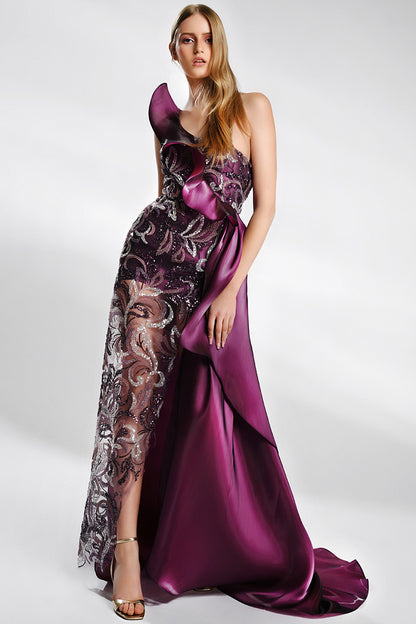 Rochie de seara lunga din dantela brodata asimetrimetica Andra