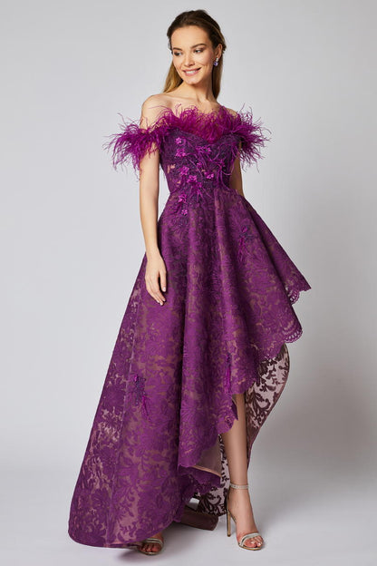 Rochie de seara lunga, asimetrica cu corsaj, din dantela si broderie R10h21