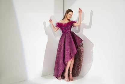 Rochie de seara lunga, asimetrica cu corsaj, din dantela si broderie R10h21