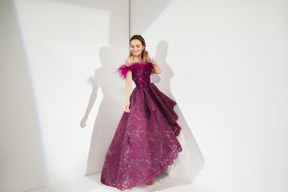 Rochie de seara lunga, asimetrica cu corsaj, din dantela si broderie R10h21