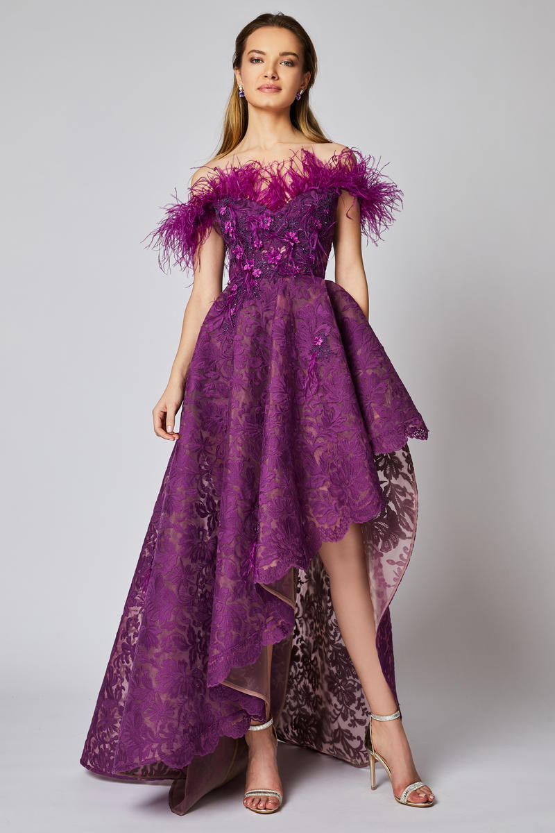 Rochie de seara lunga, asimetrica cu corsaj, din dantela si broderie R10h21