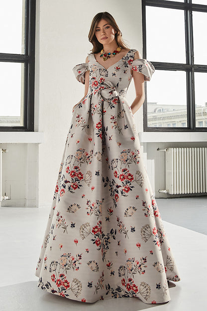 Rochie Magritte lunga, de seara, din tafta, tip printesa, cu maneci ample scurte, R10H23