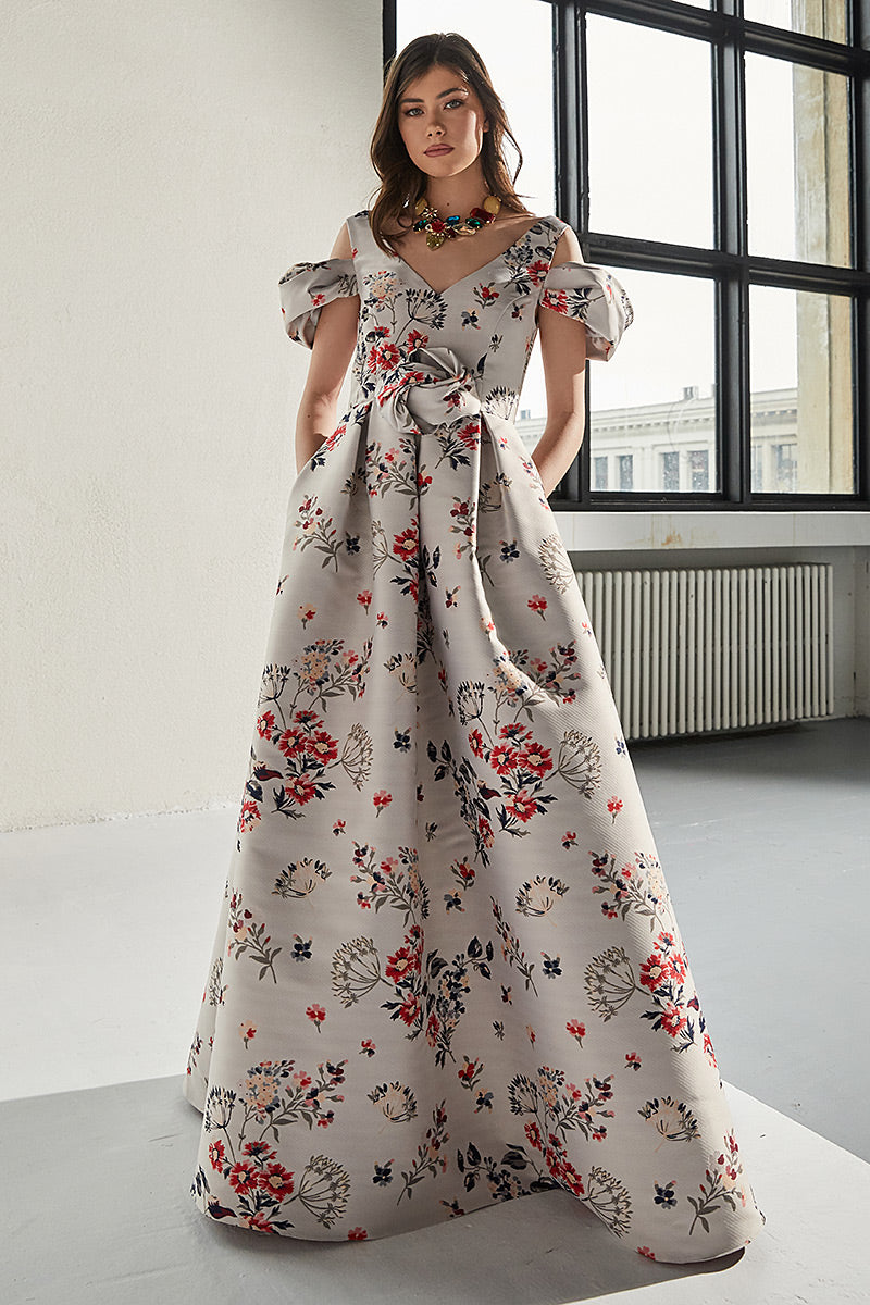 Rochie Magritte lunga, de seara, din tafta, tip printesa, cu maneci ample scurte, R10H23