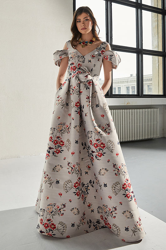 Rochie Magritte lunga, de seara, din tafta, tip printesa, cu maneci ample scurte, R10H23