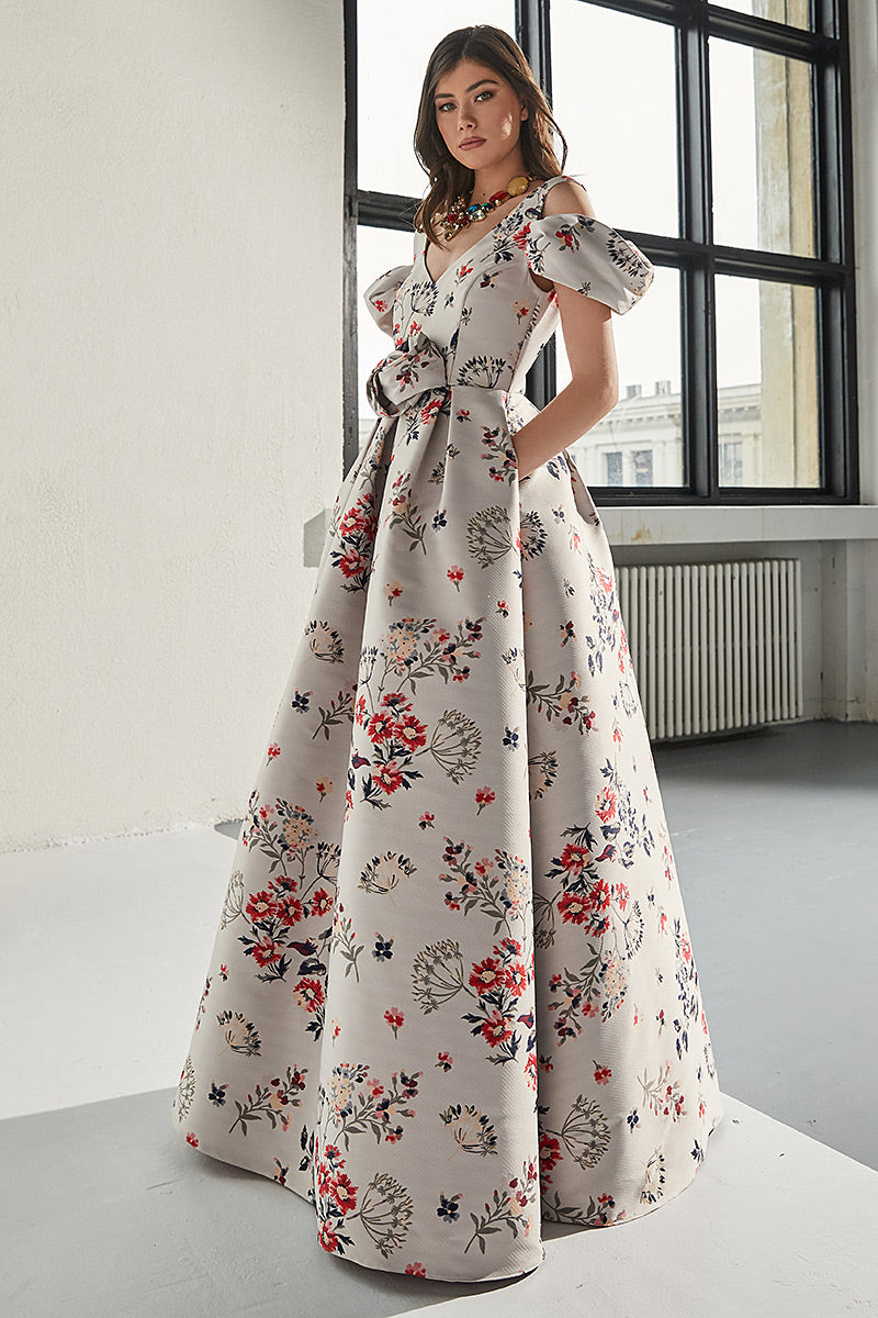 Rochie Magritte lunga, de seara, din tafta, tip printesa, cu maneci ample scurte, R10H23