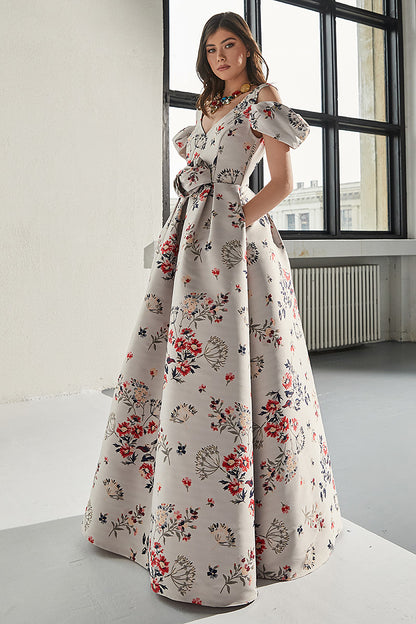 Rochie Magritte lunga, de seara, din tafta, tip printesa, cu maneci ample scurte, R10H23