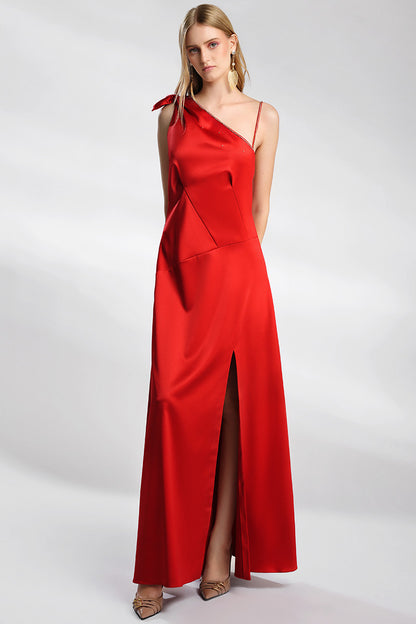 Rochia lunga de seara rosie, din satin, si cristale, asimetrica, Rena