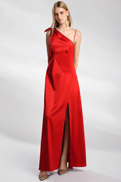 Rochia lunga de seara rosie, din satin, si cristale, asimetrica, Rena