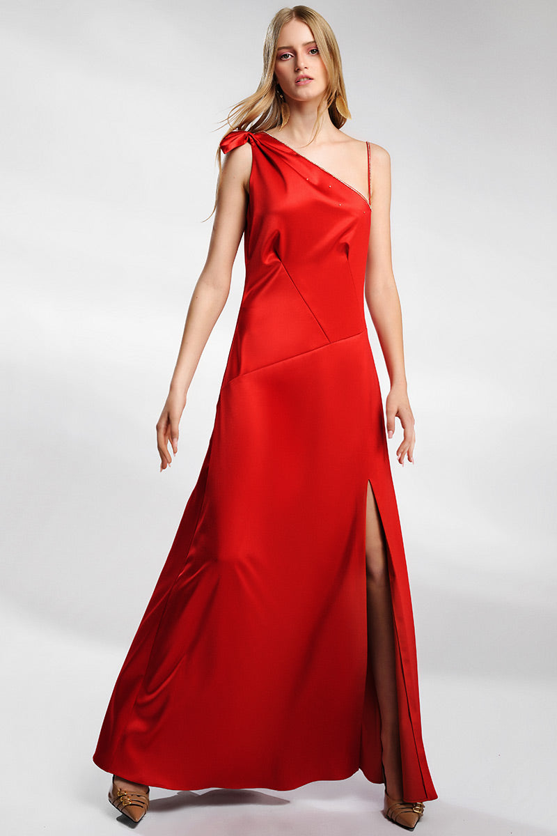 Rochia lunga de seara rosie, din satin, si cristale, asimetrica, Rena