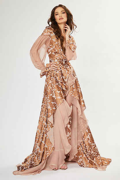 Rochie de de seara lunga din matase naturala si brocart  asimetrica cu decolteu in V R11H20