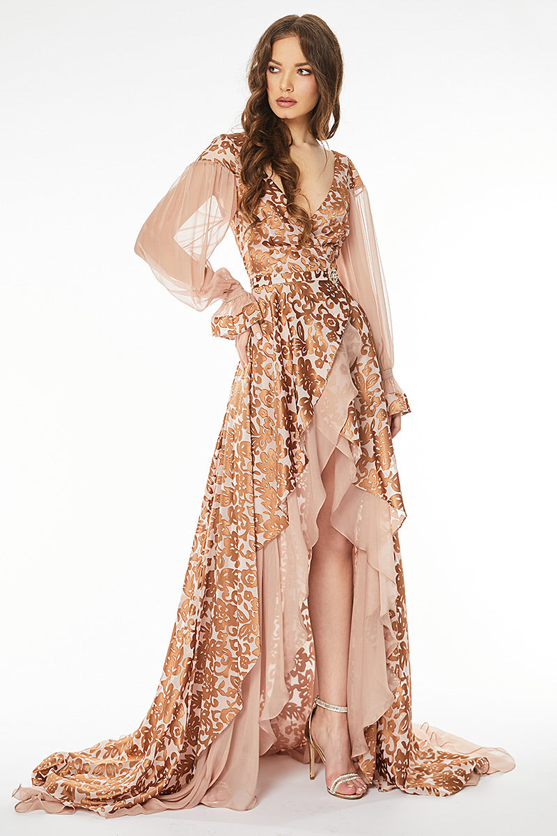 Rochie de de seara lunga din matase naturala si brocart  asimetrica cu decolteu in V R11H20