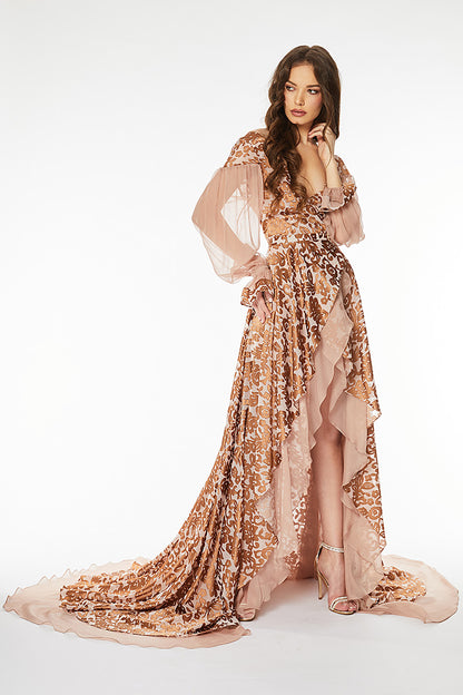 Rochie de de seara lunga din matase naturala si brocart  asimetrica cu decolteu in V R11H20