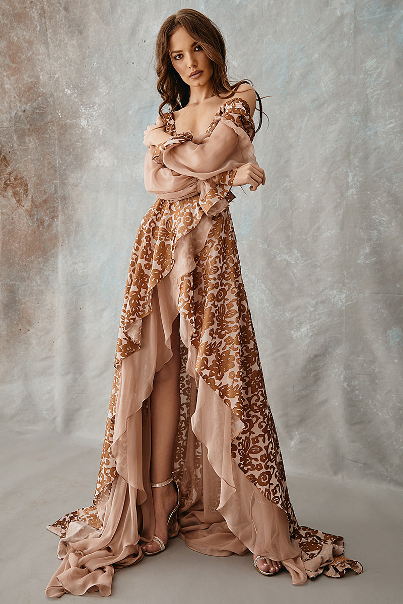 Rochie de de seara lunga din matase naturala si brocart  asimetrica cu decolteu in V R11H20