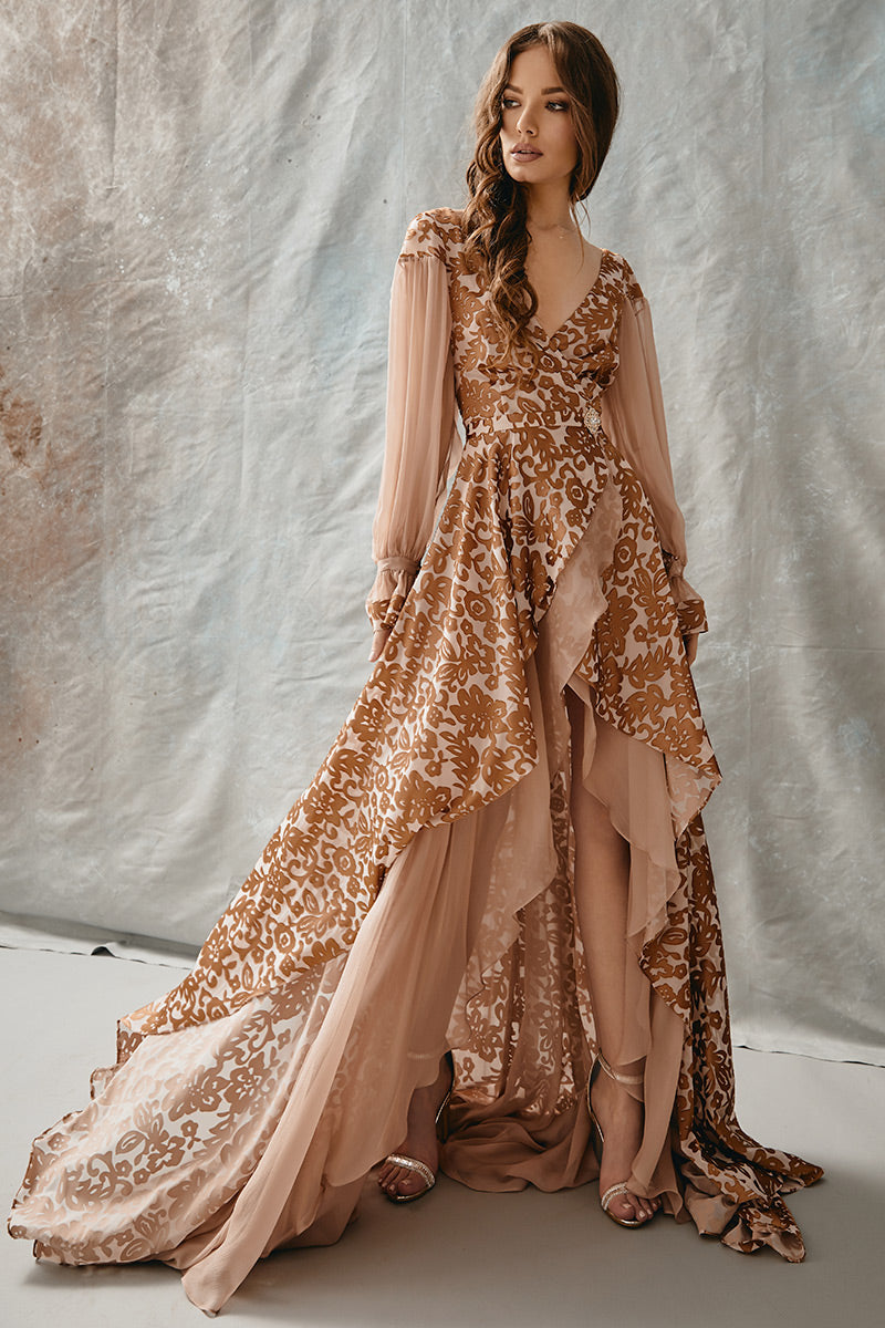 Rochie de de seara lunga din matase naturala si brocart  asimetrica cu decolteu in V R11H20