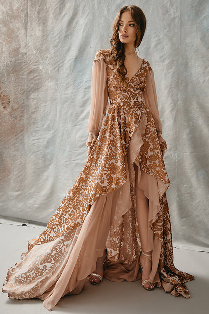 Rochie de de seara lunga din matase naturala si brocart  asimetrica cu decolteu in V R11H20