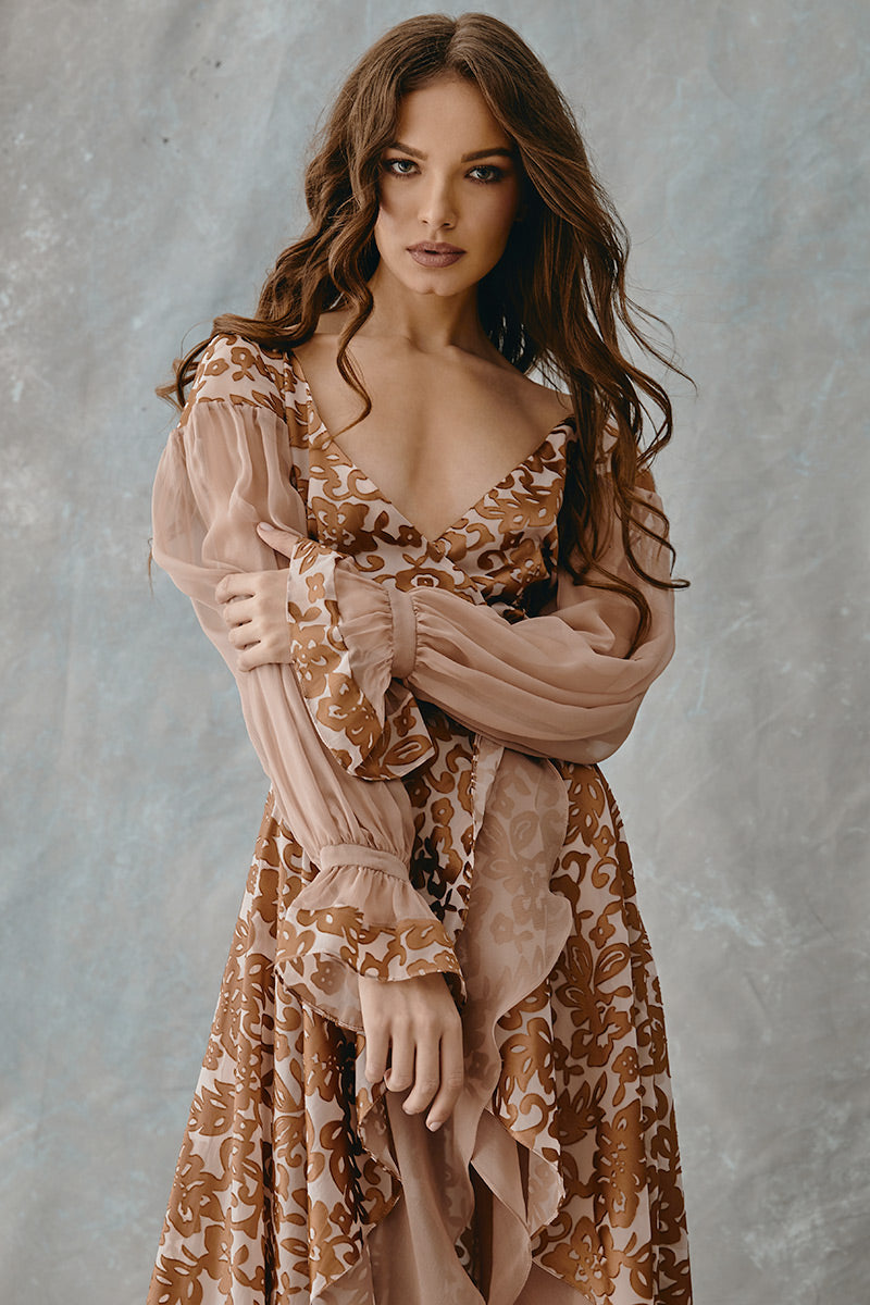 Rochie de de seara lunga din matase naturala si brocart  asimetrica cu decolteu in V R11H20