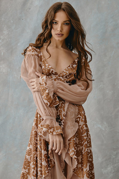 Rochie de de seara lunga din matase naturala si brocart  asimetrica cu decolteu in V R11H20