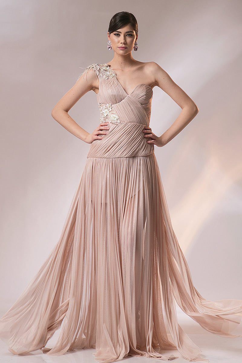 Rochia lunga de seara cu corsaj de matase R11h21 Rosy