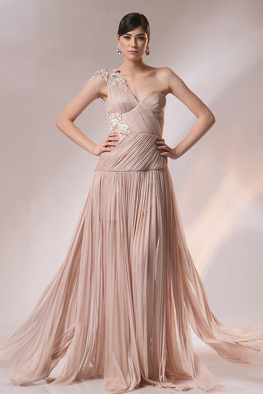 Rochia lunga de seara cu corsaj de matase R11h21 Rosy