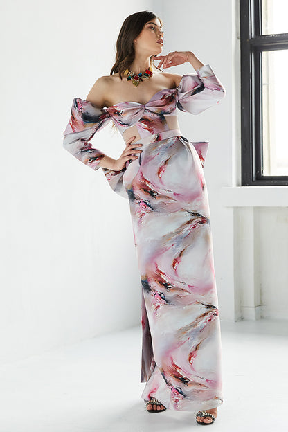 Rochie Tuberose lunga, de seara, din tafta, cu slit, cu corsaj si maneci scurte, R11H23