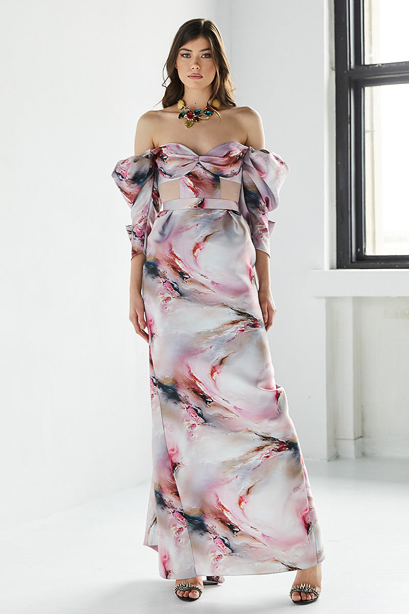 Rochie Tuberose lunga, de seara, din tafta, cu slit, cu corsaj si maneci scurte, R11H23