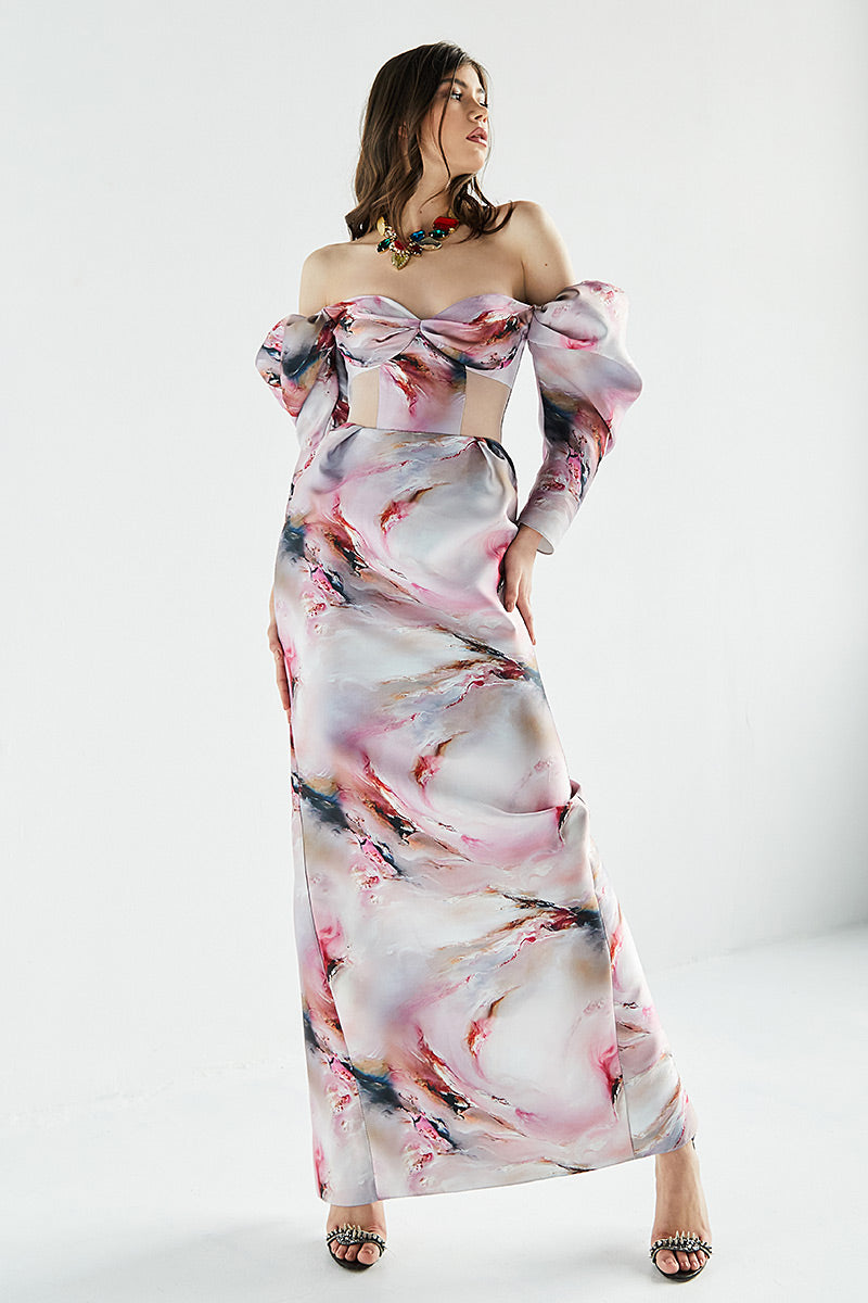 Rochie Tuberose lunga, de seara, din tafta, cu slit, cu corsaj si maneci scurte, R11H23