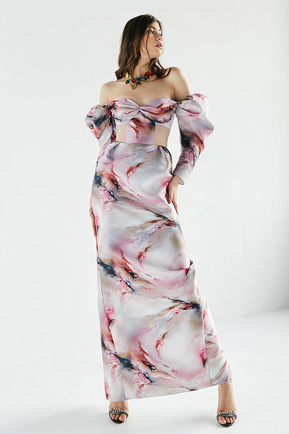 Rochie Tuberose lunga, de seara, din tafta, cu slit, cu corsaj si maneci scurte, R11H23