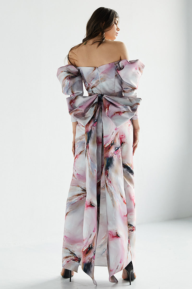 Rochie Tuberose lunga, de seara, din tafta, cu slit, cu corsaj si maneci scurte, R11H23