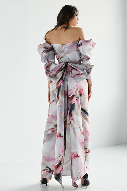 Rochie Tuberose lunga, de seara, din tafta, cu slit, cu corsaj si maneci scurte, R11H23