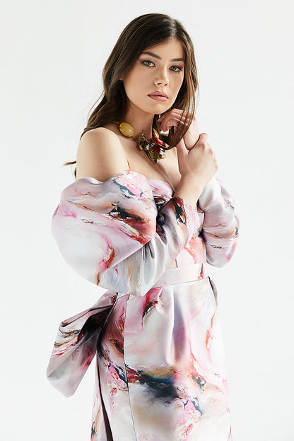 Rochie Tuberose lunga, de seara, din tafta, cu slit, cu corsaj si maneci scurte, R11H23