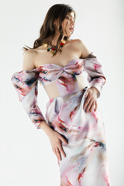 Rochie Tuberose lunga, de seara, din tafta, cu slit, cu corsaj si maneci scurte, R11H23