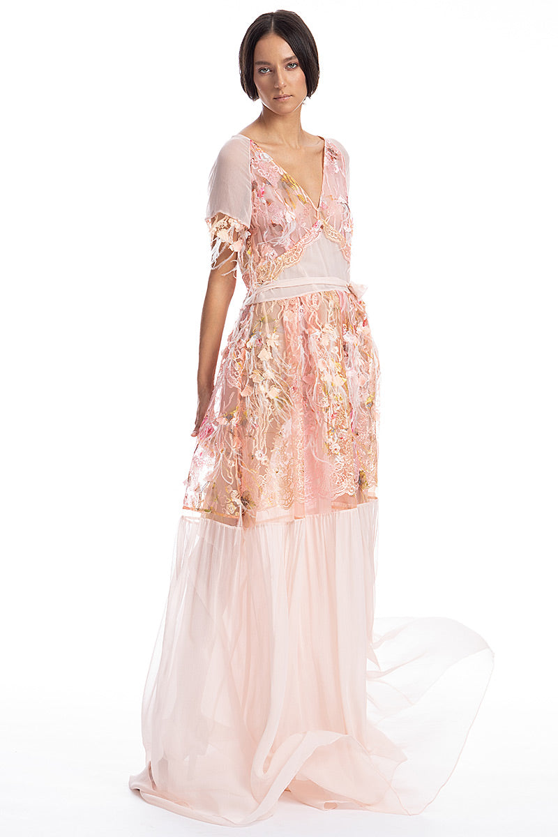 Rochie lunga, ocazie, din matase naturala,  si dantela si pene R11S19