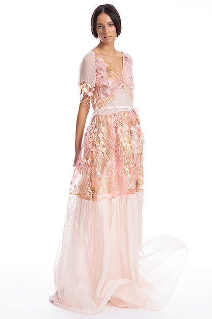 Rochie lunga, ocazie, din matase naturala,  si dantela si pene R11S19