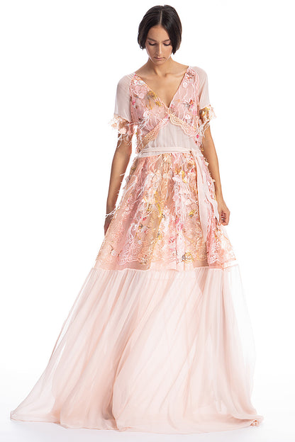 Rochie lunga, ocazie, din matase naturala,  si dantela si pene R11S19