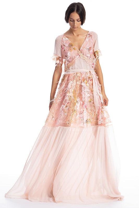 Rochie lunga, ocazie, din matase naturala,  si dantela si pene R11S19