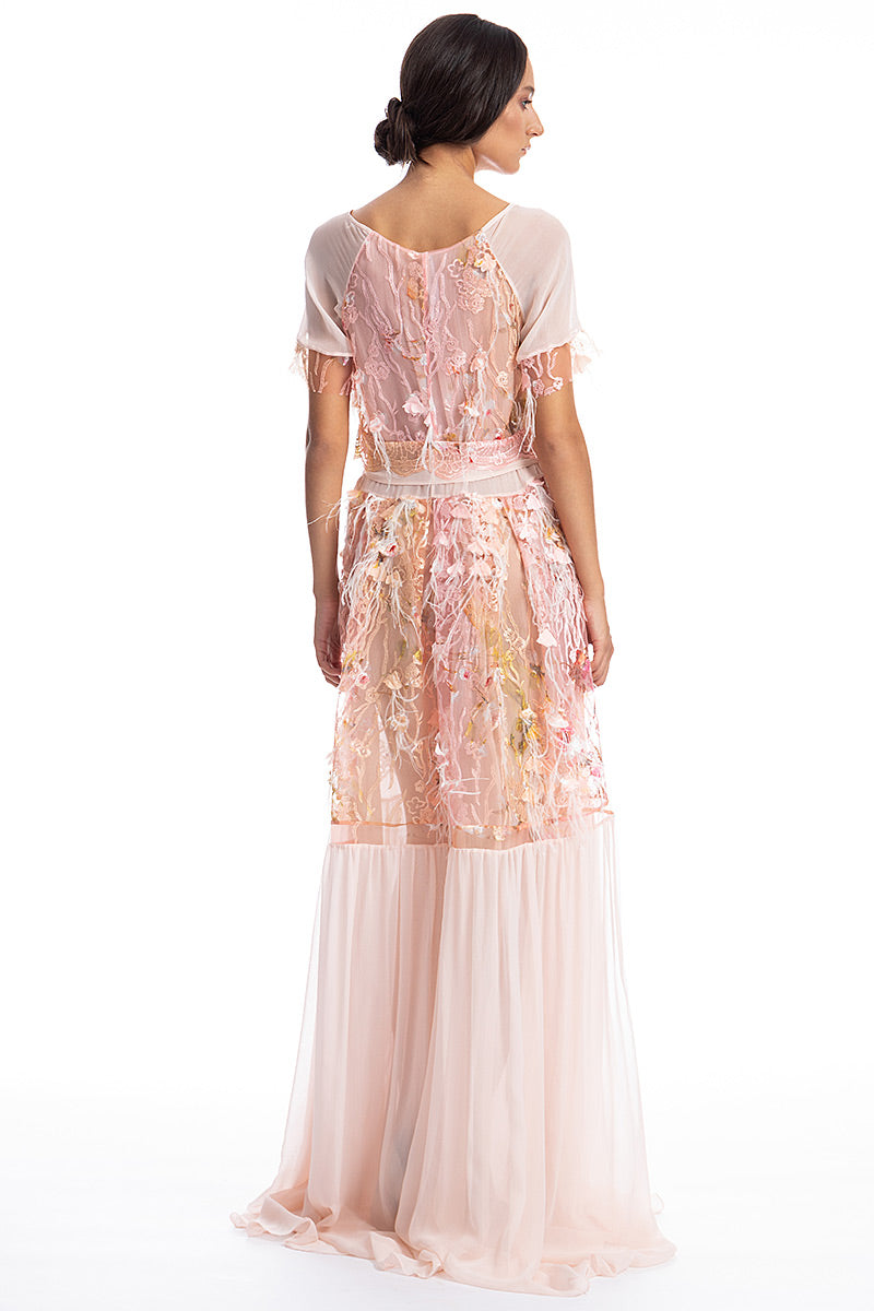 Rochie lunga, ocazie, din matase naturala,  si dantela si pene R11S19