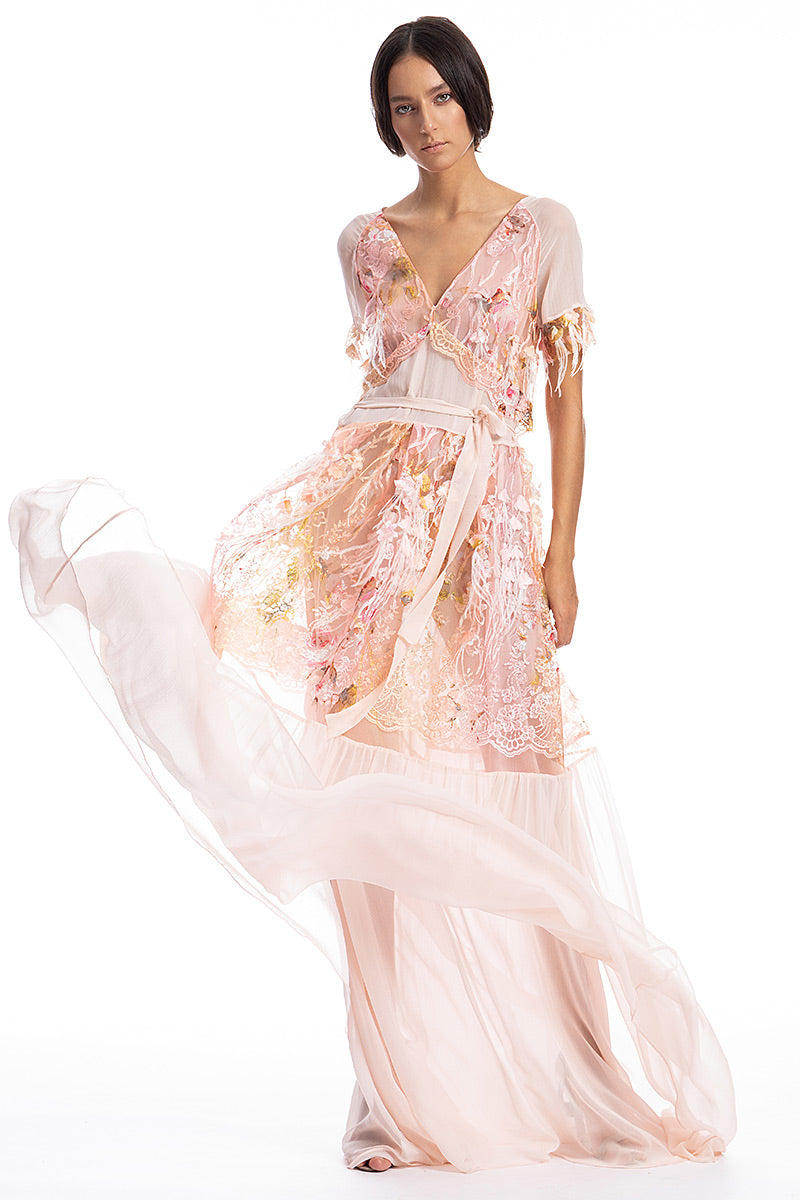 Rochie lunga, ocazie, din matase naturala,  si dantela si pene R11S19