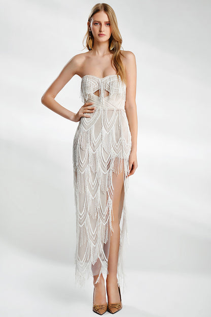 Rochie de mireasa lunga brodata manual cu corsaj si deschidere pe un picior Perlei