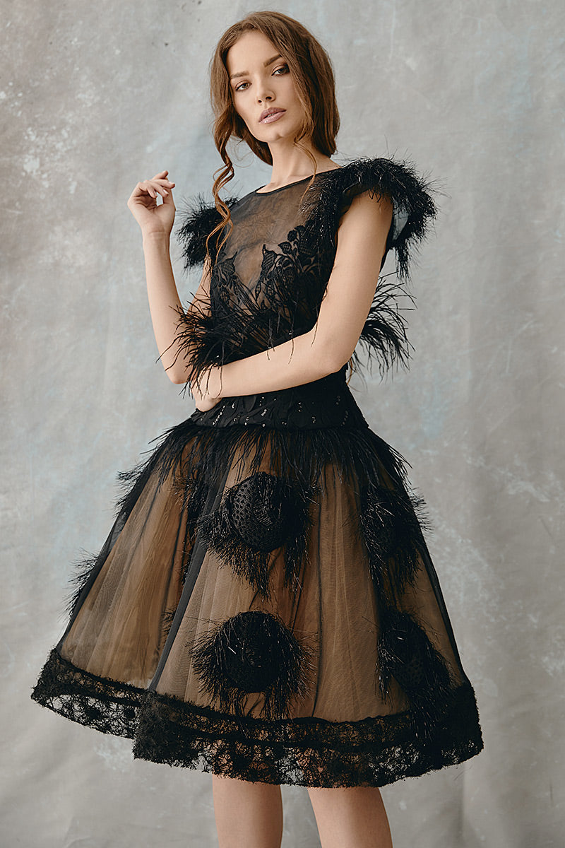 Rochie neagra midi, de ocazie, cu broderie si pene R12H20