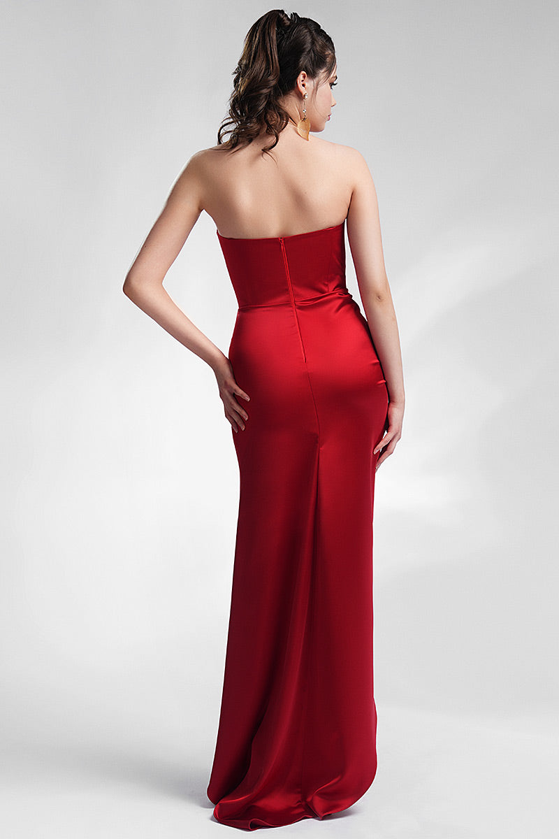 Rochie de satin rosie asimetrica cu corsaj Amanda