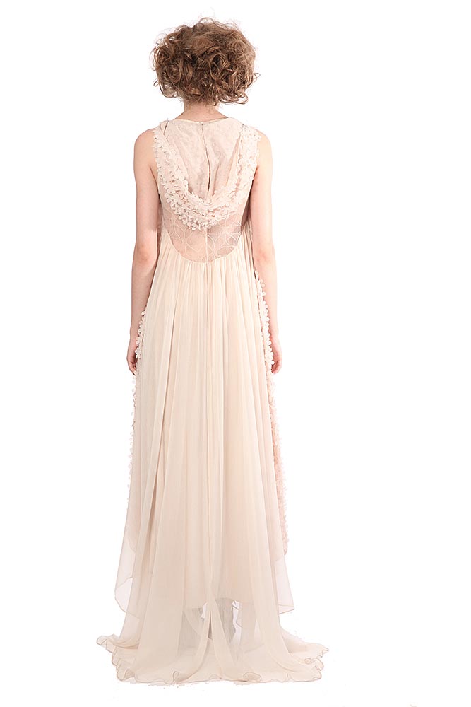 Rochie de matase asimetrica cu flori 3D  si dantela R12S14