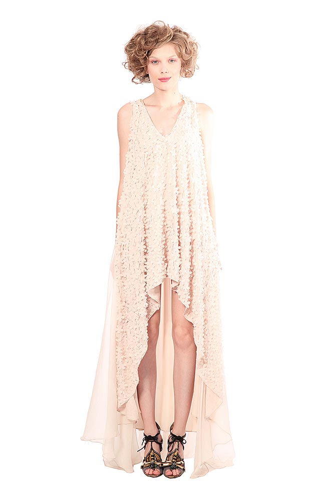 Rochie de matase asimetrica cu flori 3D  si dantela R12S14